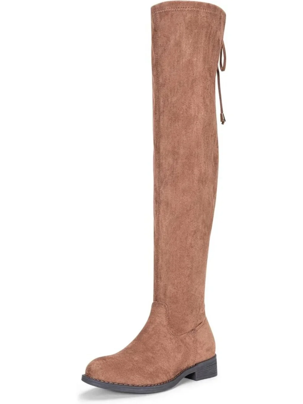 Women's Mocha Synthetic Suede Side Zipper Flat Heel Stretch Over The Knee Boots